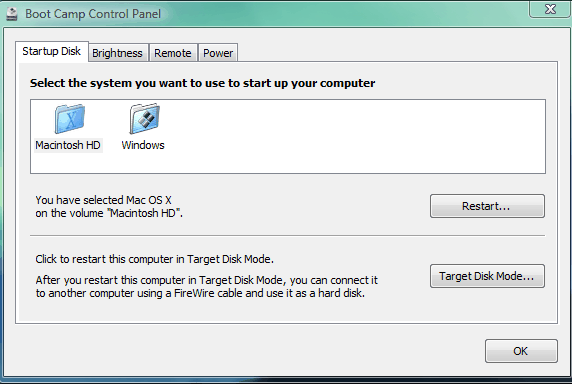 Boot Camp Control Panel screen.