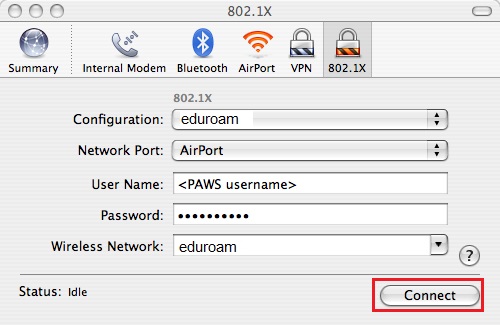 802.1X window with configuration settings filled in.