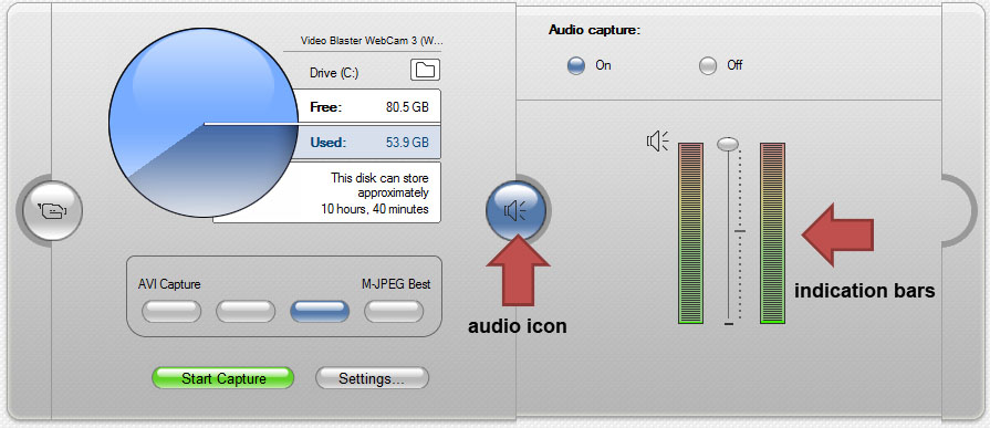  audio capture with audio icon and indication bars highlighted