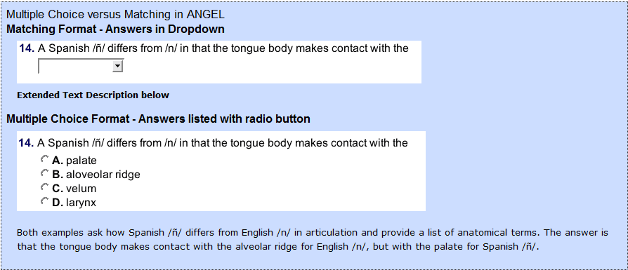 the ANGEL quiz question types in multiple choice and matching format