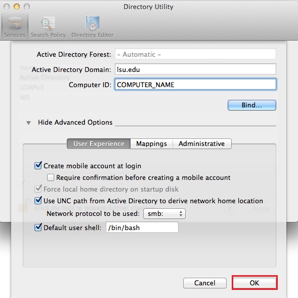  the directory utility dialog box.