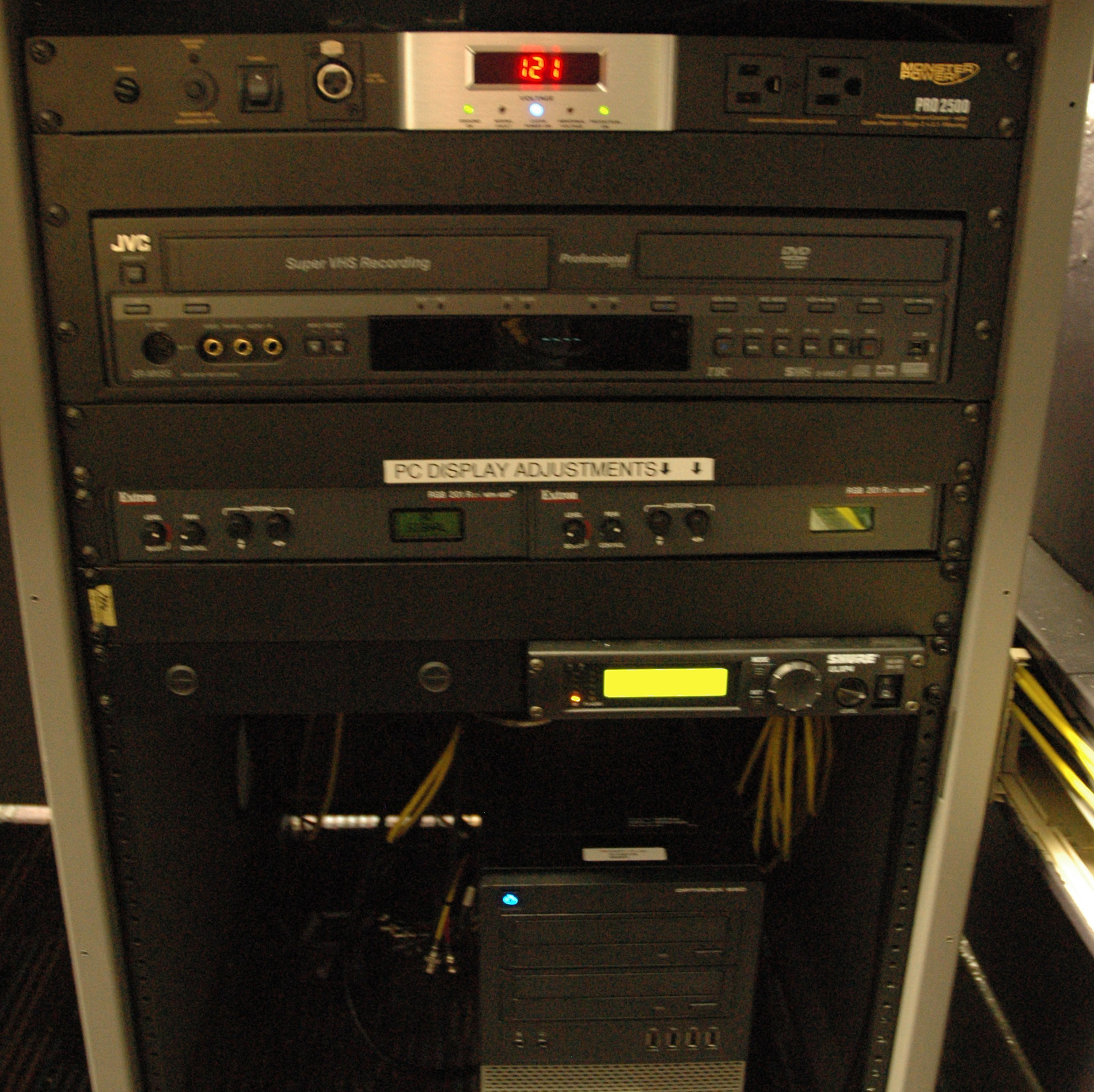 Instructor's control panel for Video conferencing room showing various equipment and components