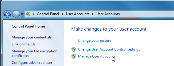 Manage user accounts button.