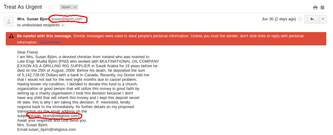 an Example of the 'From' Address not matching the 'Reply' Address scam