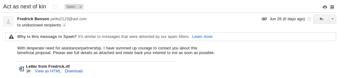 an E-mail Attachment scam with a rich text file (RTF)