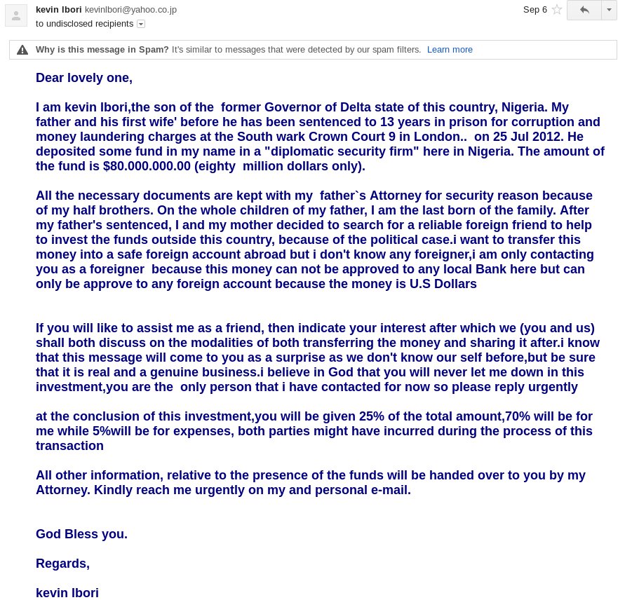Example of an Advance Fee Fraud scam
