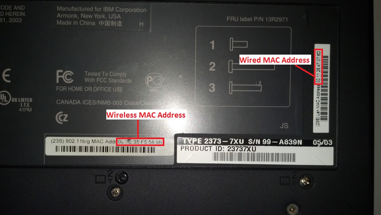 another example of a laptop with the Wireless MAC Address and Wired MAC Address pointed out.
