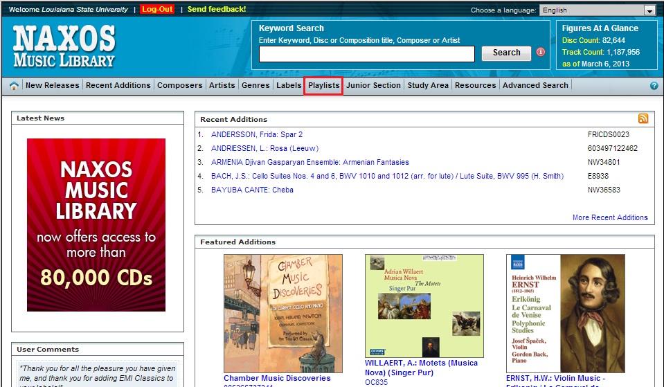 Naxos Music Library Screen Shot with Playlists highlighted.