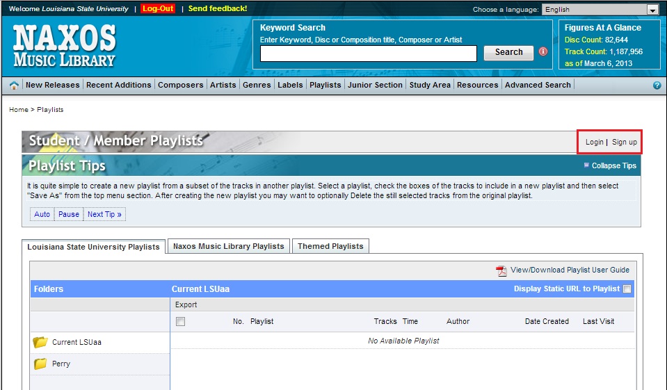 playlist page with login/ sign up highlighted