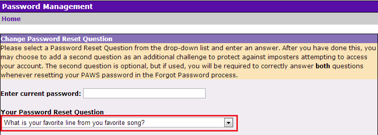 password reset question drop-down menu.
