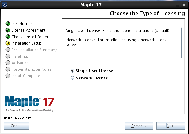 The Maple 17 Single User License window