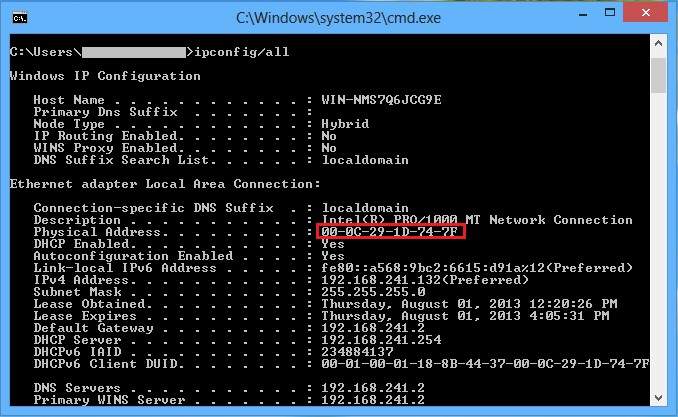 command prompt displaying the mac address. 