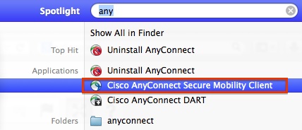 a search for "any" with Cisco AnyConnect Secure Mobility Client highlighted in the menu