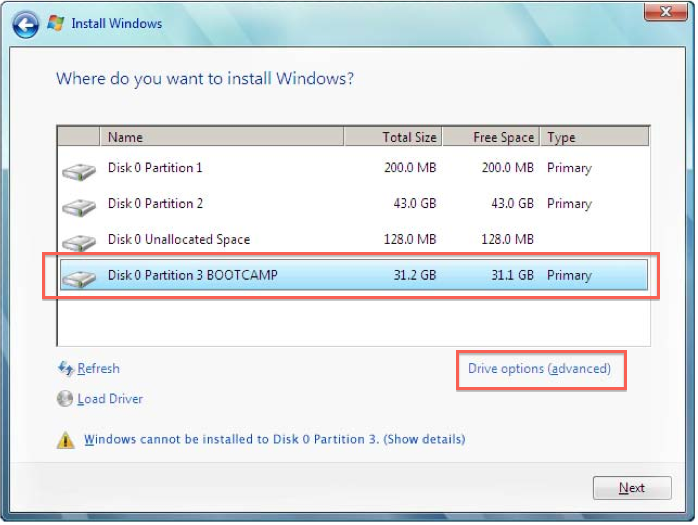 Boot Camp partition in the windows installer