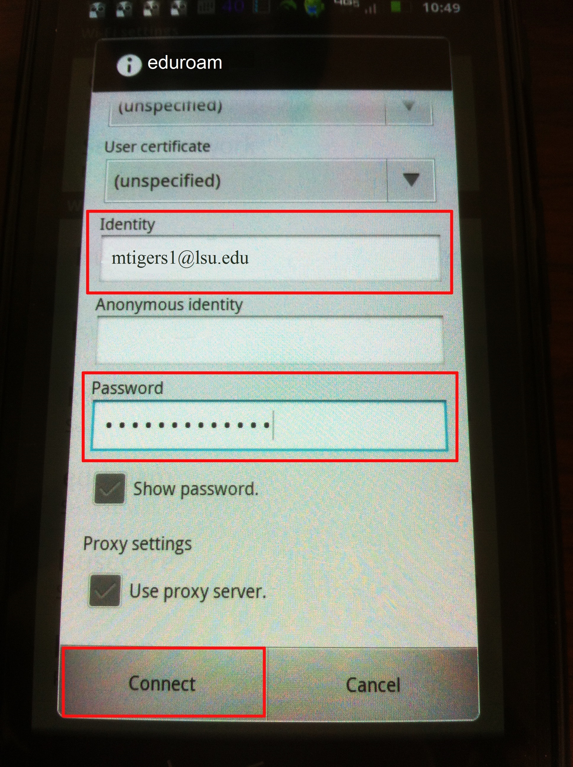 entering the username and password for eduroam.