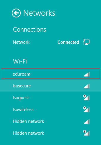Eduroam connection on the list of available connection options. 