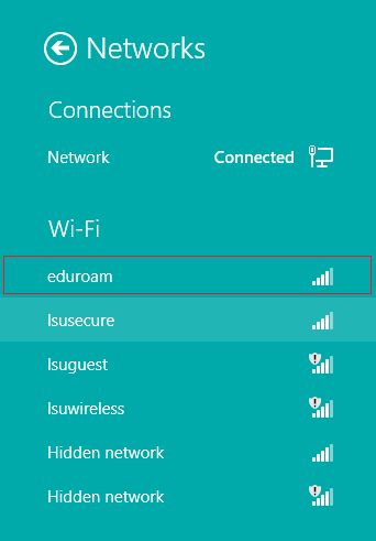 Eduroam connection on the list of available connection options.