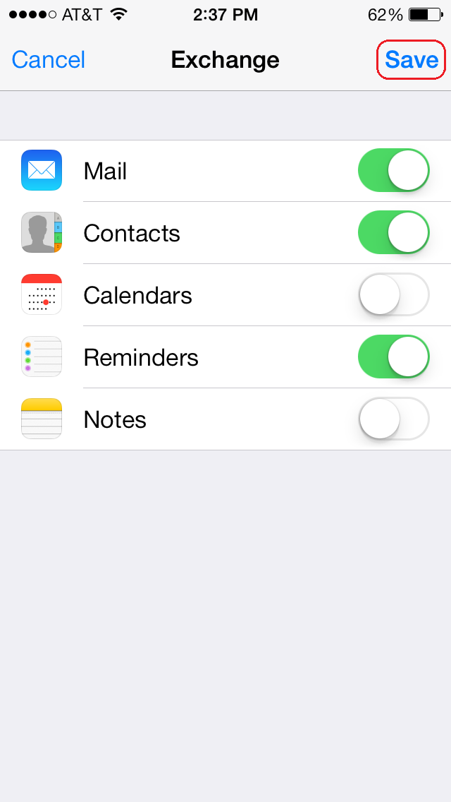 Exchange sync page where you can choose the apps to sync with your email account.