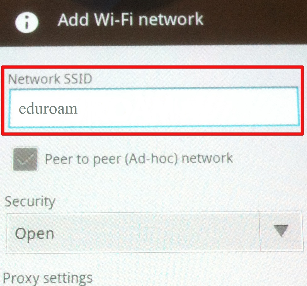entering Network SSID in the Add wi-fi network window.