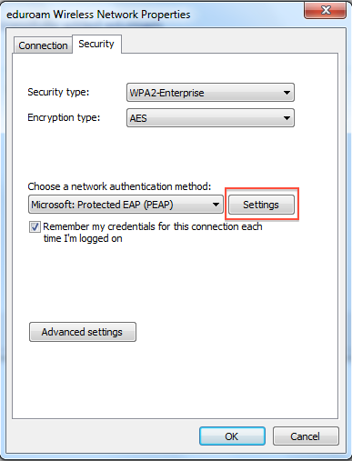 the security tab in the Network Properties window 
