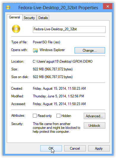 the OK option on the ISO file properties window.