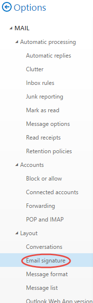 email signature option under the layout tab