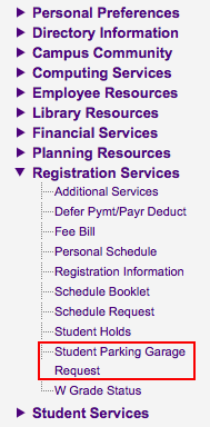 Screenshot of Registration services tab with Student Parking Garage Request highlighted