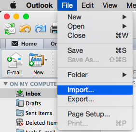 Outlook File drop down menu with import selected