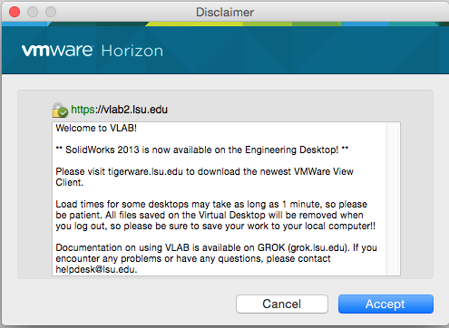 screenshot of the vmware Horizon Terms of Use. Click Accept.
