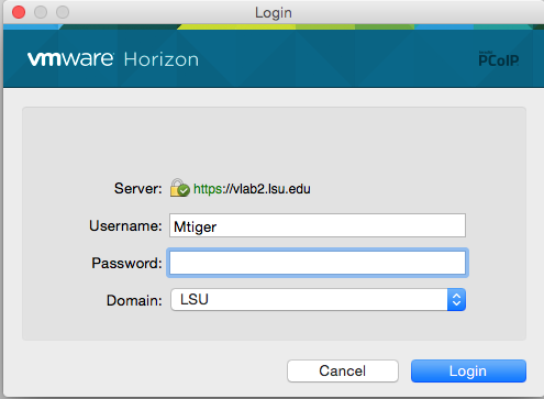 screenshot of the vmware Horizon Login Screen for vlab.