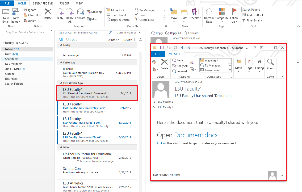 Double-click the select message to open a window of the email.