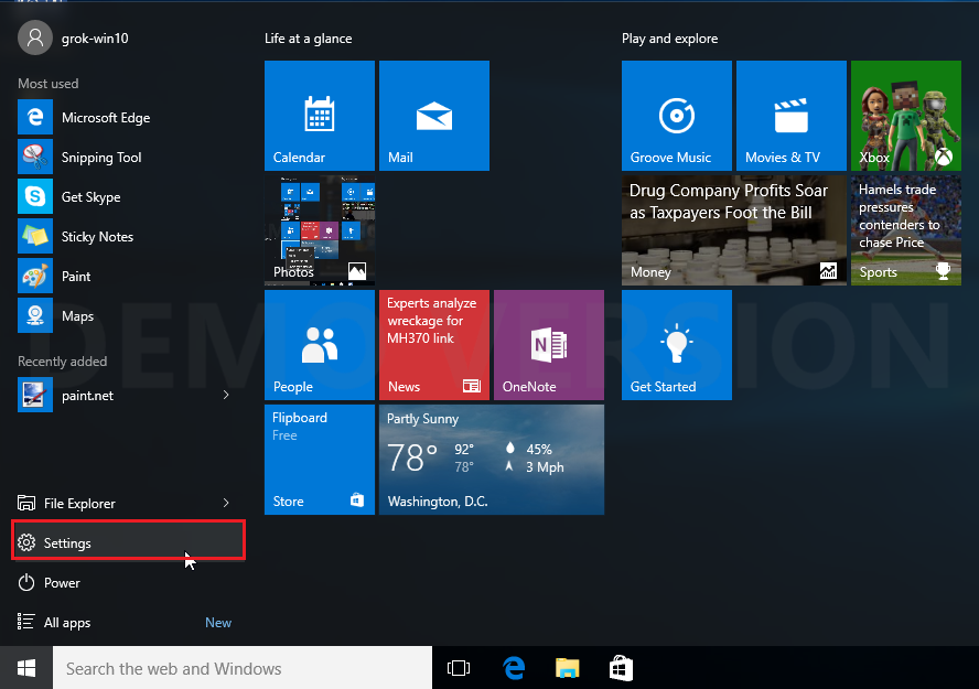 start menu windows 10 with settings highlighted.