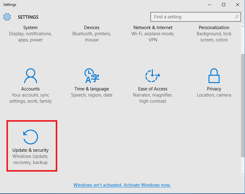 the settings screen with updates & security highlighted.