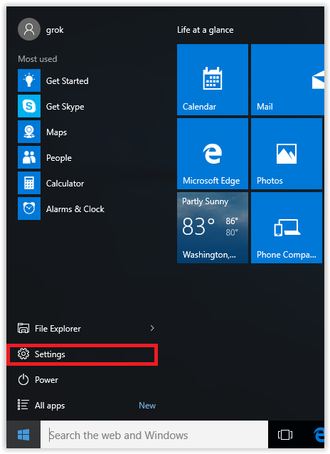 windows 10 menu with settings highlighted.