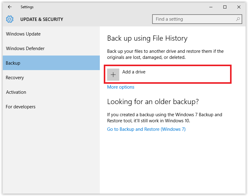 back up using file history with add a drive highlighted.