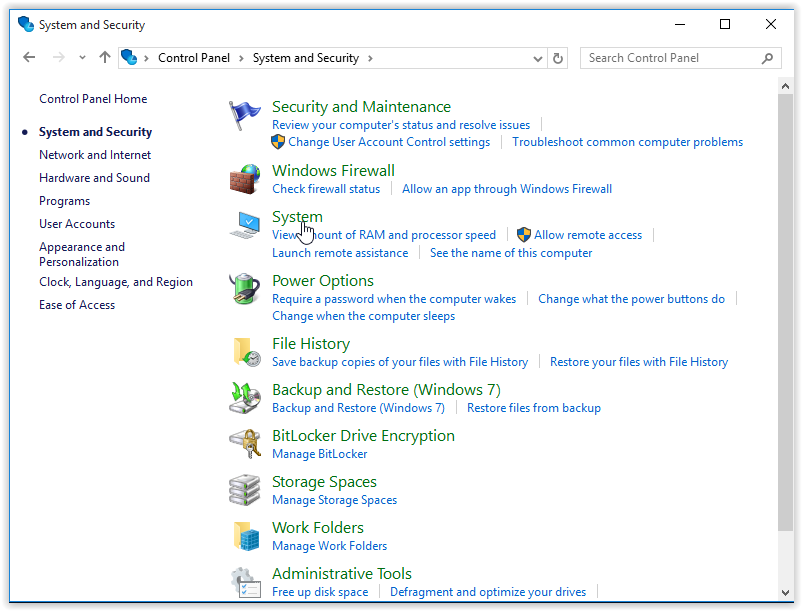 system and security window with system clicked