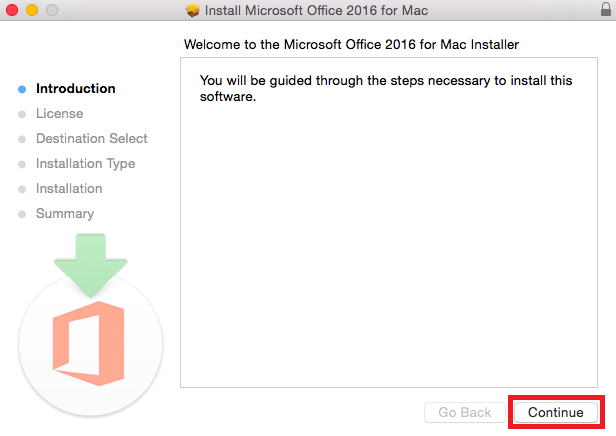 The begin installation screen with the continue button highlighted at bottom right screen