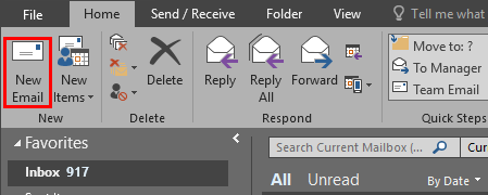 the "New Email" button at the top left in Outlook 2016.