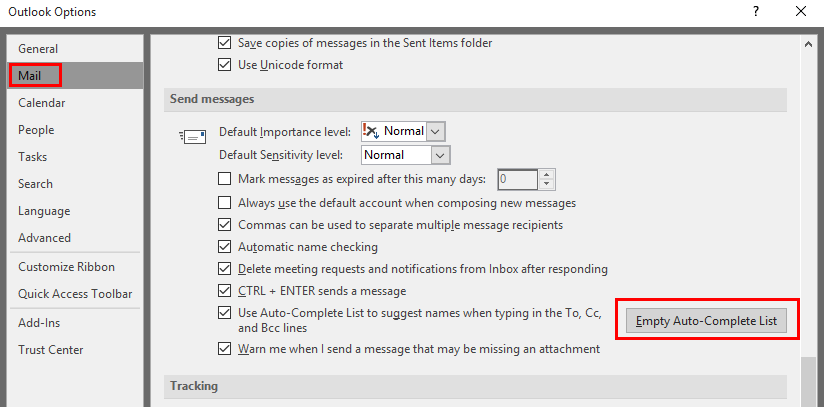 In the Mail tab, under Send Messages, Empty auto complete button highlighted at the right of page