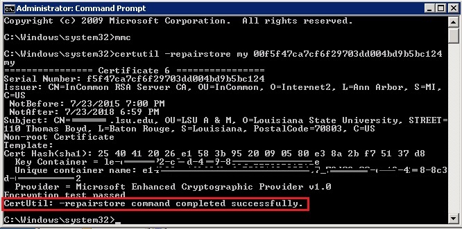 CertUtil:  -repairstore command completed successfully message