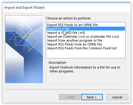 "Export to a file" action in the import/export wizard dialog box