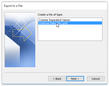 "Outlook Data File" option in the create File Type window. 