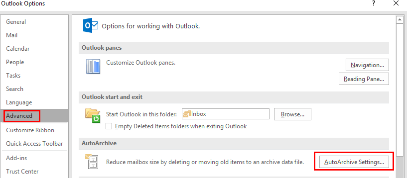 the advanced tab and auto archive settings button highlighted in outlook 2016