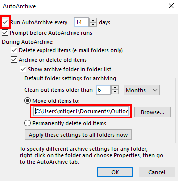 auto archive settings window in outlook 2016