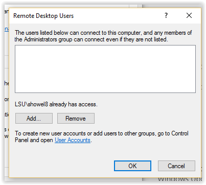 Remote Desktop Users window