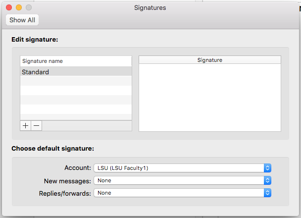 Signatures options window