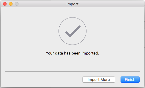 Completed Import window - Finish button selected