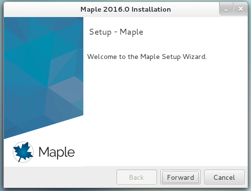 Maple 2016 welcome screen. The forward button is near the bottom right of the window.