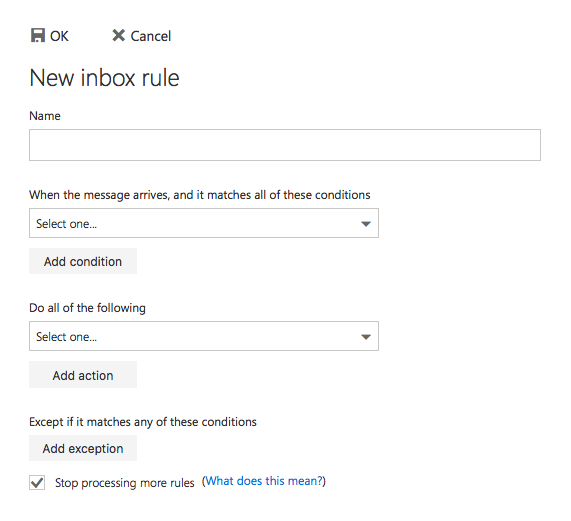 New Inbox Rule window