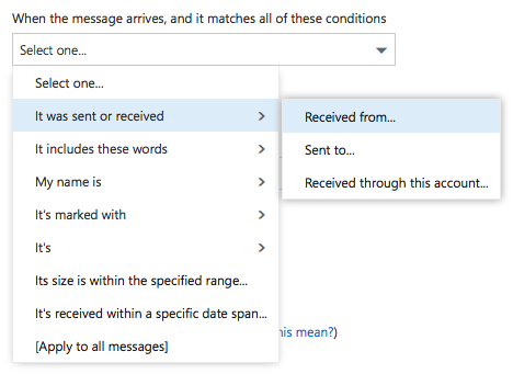"Received from" Rule Criteria dropdown menu